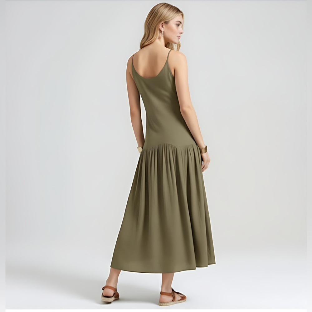 Minimalist Urban Sleeveless V-Neck Long Dress Olive - Picture 4 of 8